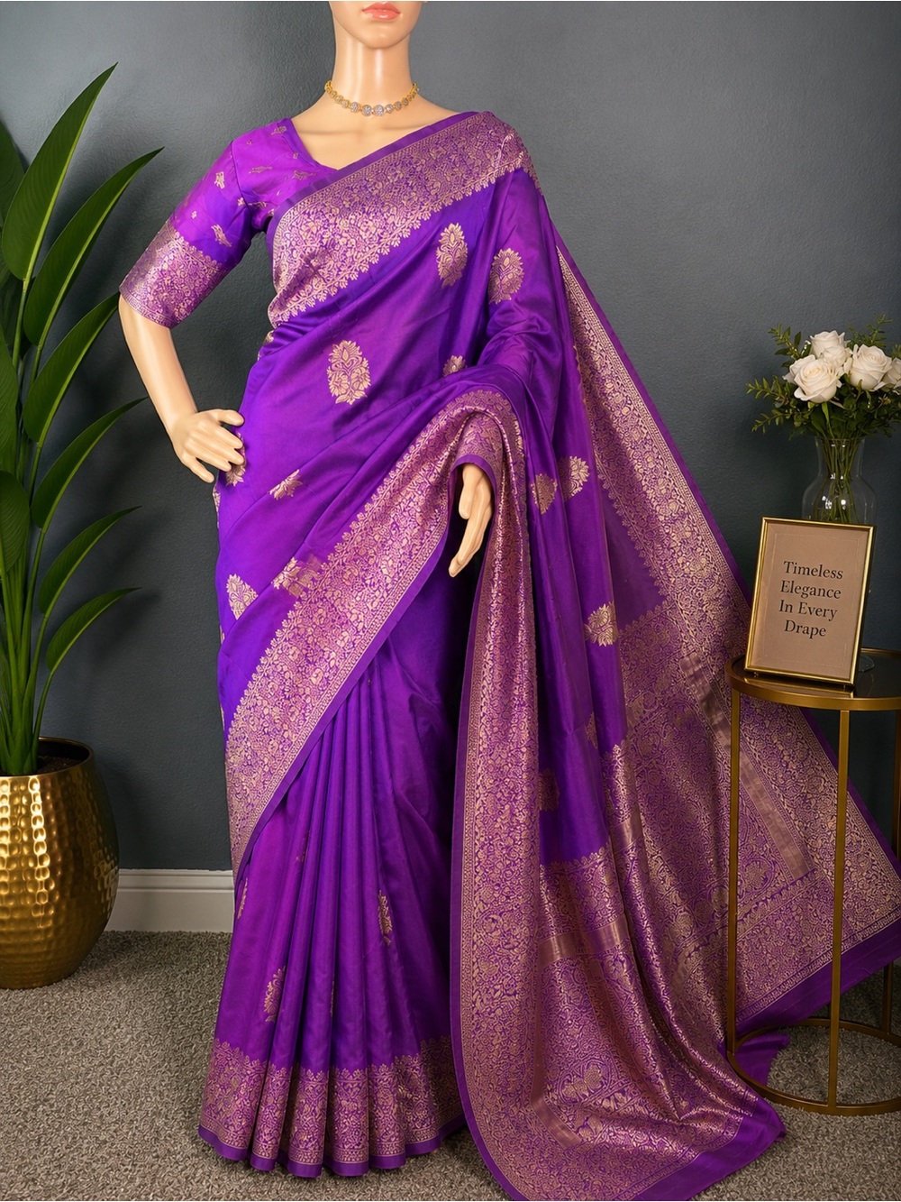 Brand new Purple Banarasi silk saree with stitched blouse (34” - 42”)